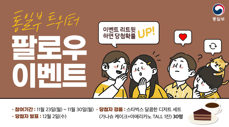uni_kr's tweet photo. 🎉 통일부와 함께 하는 #팔로우이벤트

통일부 트위터(@uni_kr)를 팔로우하고 
응원 댓글을 남겨주신 분들 중 
🎁30분을 추첨하여 [커피+디저트] 세트를 선물로 드립니다! https://t.co/MzugoNfisL