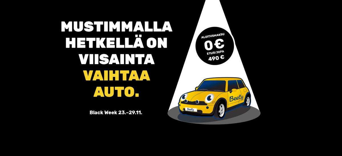 BeelyOy's tweet photo. Black Week saapui Beelylle! Toimi pian ja tilaa nyt uusi auto ilman omistamisen murheita. https://t.co/vcxROpnWem
#beely #fiksuintapahankkiaauto #autonhankinta #autoilu #blackweek https://t.co/oiSSKrPOrX