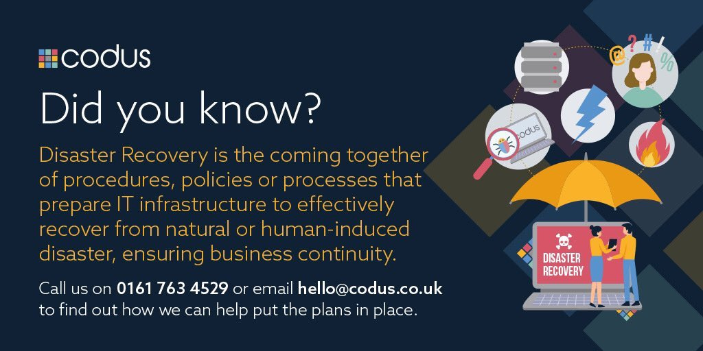 Codus_IT's tweet photo. A Disaster Recovery Plan needs to cover any possible scenario that threatens the availability of IT infrastructure.
If you would like to open up your business to the right expertise then contact our team 0161 463 4529
#CodusIT #disasterrecovery #disasterrecoveryplan https://t.co/Zjmhgkju7a