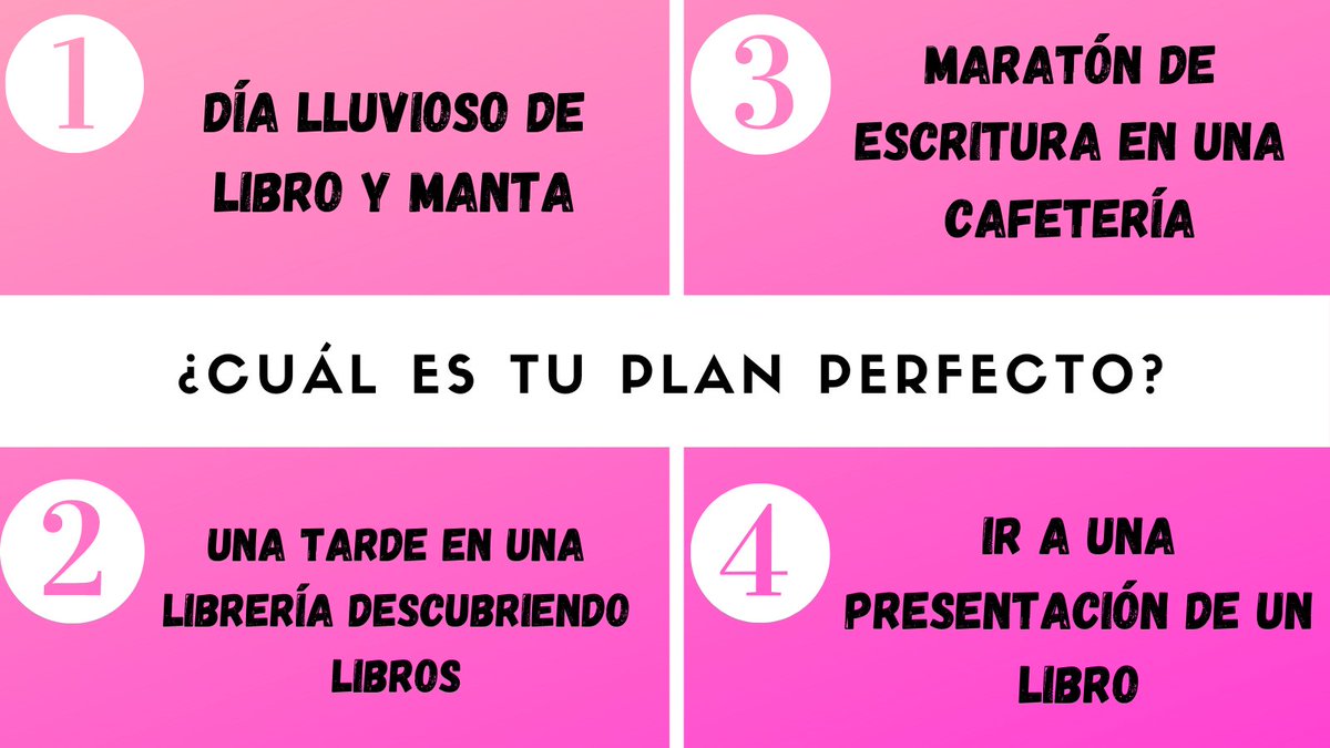 NanaLiteraria's tweet photo. ¿CUÁL ES TU PLAN PERFECTO?🗓️ Versión escritores 📒

👉Si solo pudieras elegir uno... ¿con cuál te quedarías?

Yo, tras mucho pensarlo... creo que con el 4.

(Pero igual es la morriña😰) https://t.co/CWQO9BSNze