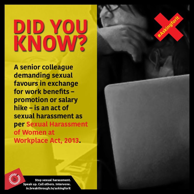 Has someone in your workplace ever made you feel uncomfortable? It could be their use of sexual innuendos towards you or an implication that you could 'benefit' from 'time spent' with them.Workplace harassment is real, and there are laws against it.  #INeverAskForIt    #AskingForIt