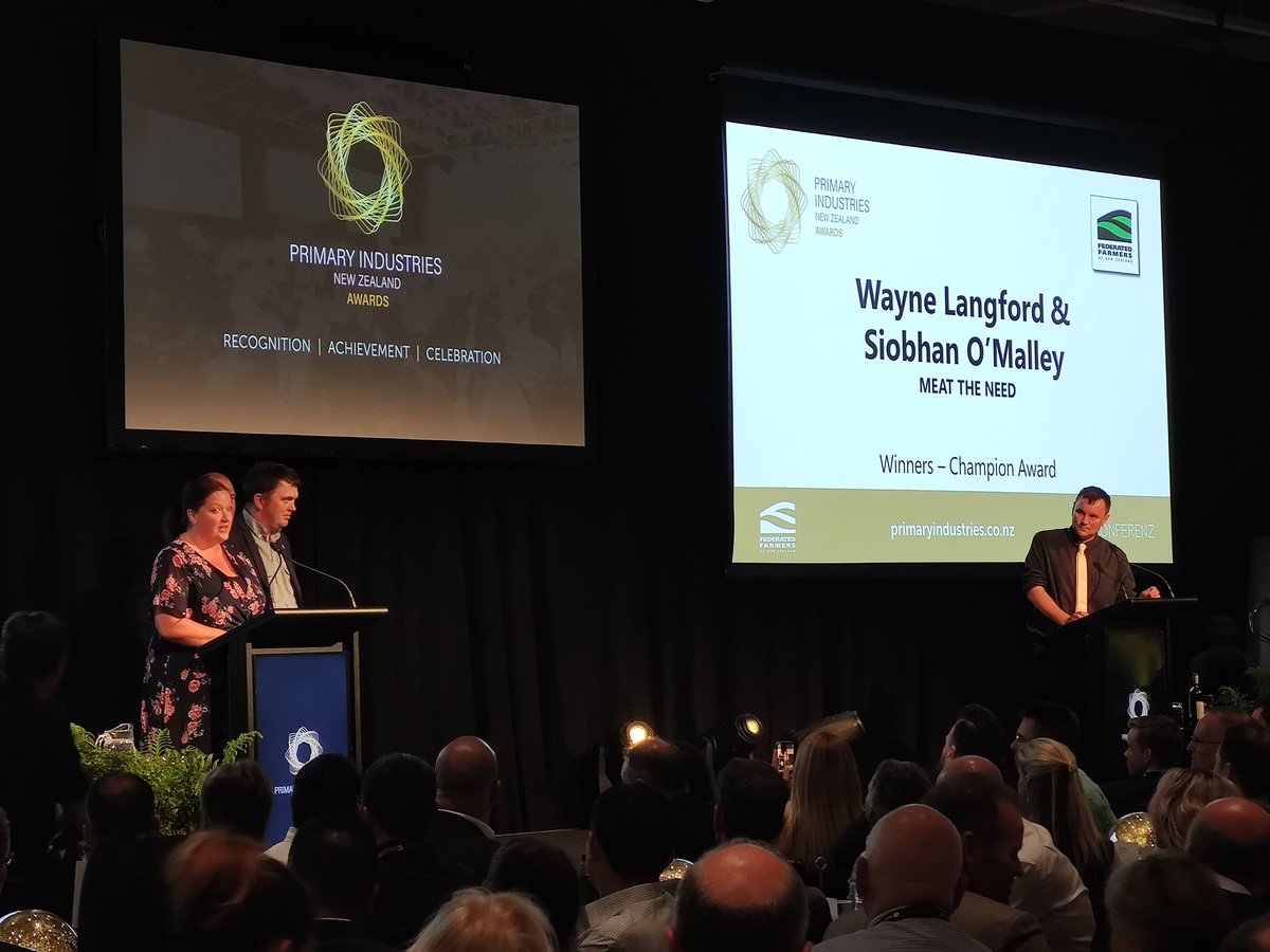 Moving right along... The Industry Champion award, for that 'good bugger' who makes a big difference.. the award goes to Siobhan O'Malley and Wayne Langford for their 'Meat The Need' charity. Great stuff <a href="/goaheadfarms/">Wayne Langford</a> <a href="/FedFarmers/">Federated Farmers</a> #pinz2020