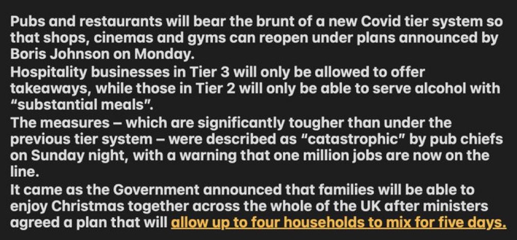 shipec3's tweet photo. Today sees Boris' announcement regarding Christmas &amp; the tier system. If rumours are true then the hospitality sector is in for more pain. 
You will be able to shop in crowds, flick sweat over others at the gym, work close to others but you won't be able to have a drink together! https://t.co/1rVmxvpHOm