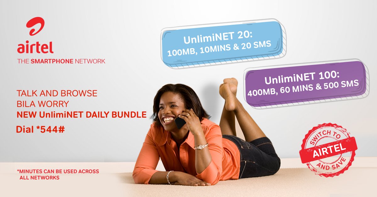 AIRTEL_KE's tweet photo. Talk and browse more bila waaas na revamped UnlimiNET 20 and enjoy 100MB, 10 mins calls to all networks and 20 SMS or upgrade to revamped UnlimiNET 100 and enjoy 400MB, 60 min calls to all networks and 500SMS. Simply dial *544# to subscribe! #UnlimiNET #TheHonestNetwork https://t.co/5cq2C03bfq