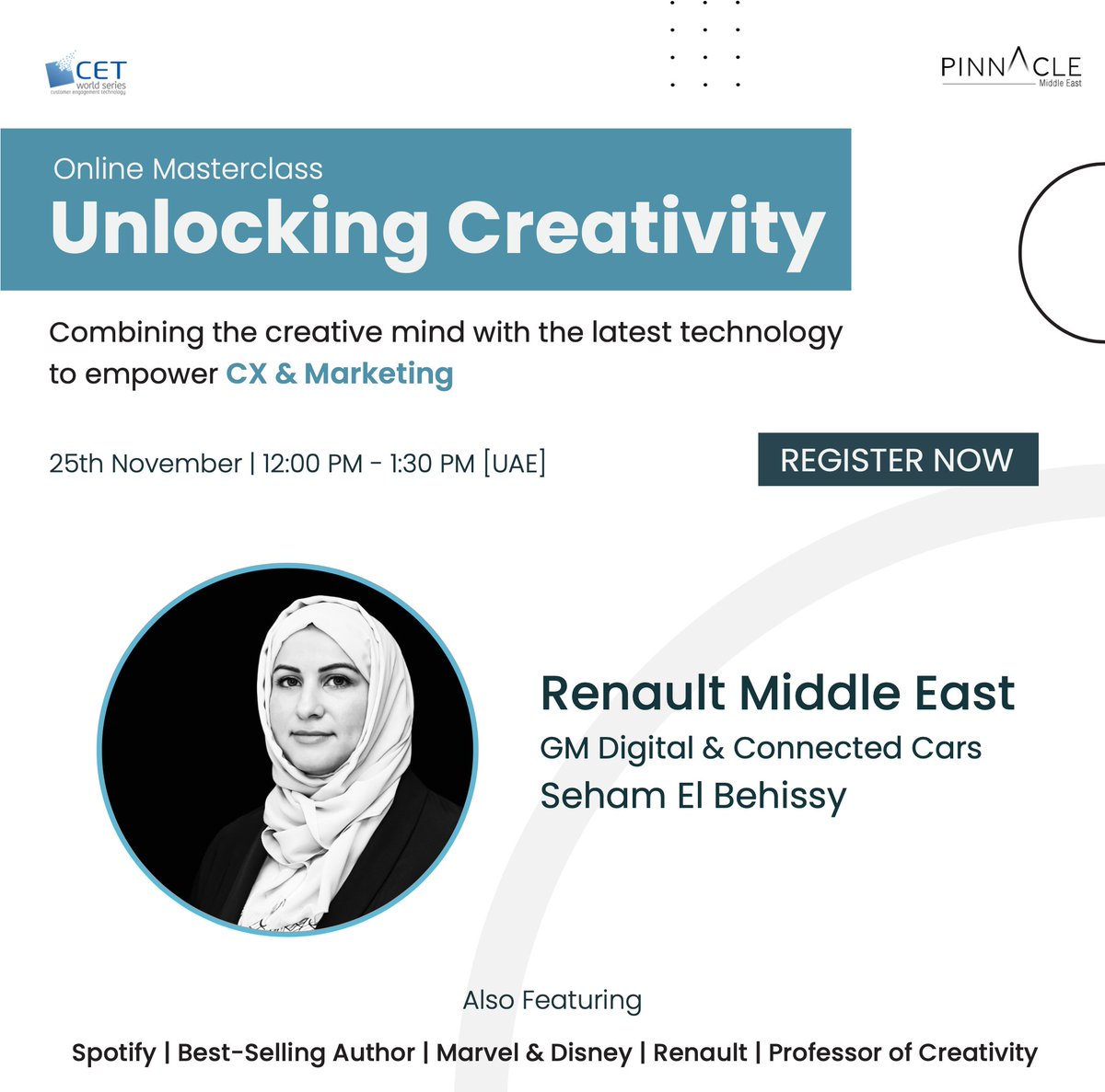 #RegisterNow at the link below to hear from Seham El Behissy from Renault Middle East who will be sharing insights on how to define and deploy #designthinking to differentiate your services in the Digital Age.

To register follow the link: pinnaclemiddleeast.com/unlocking-crea…