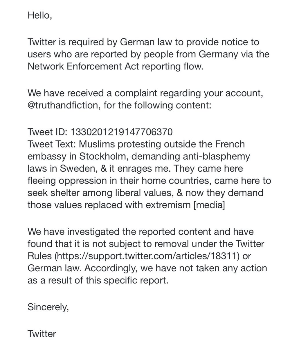 So apparently my tweet in defense of freedom of speech and against Islamist extremism was reported to Twitter. Irony, be damned..