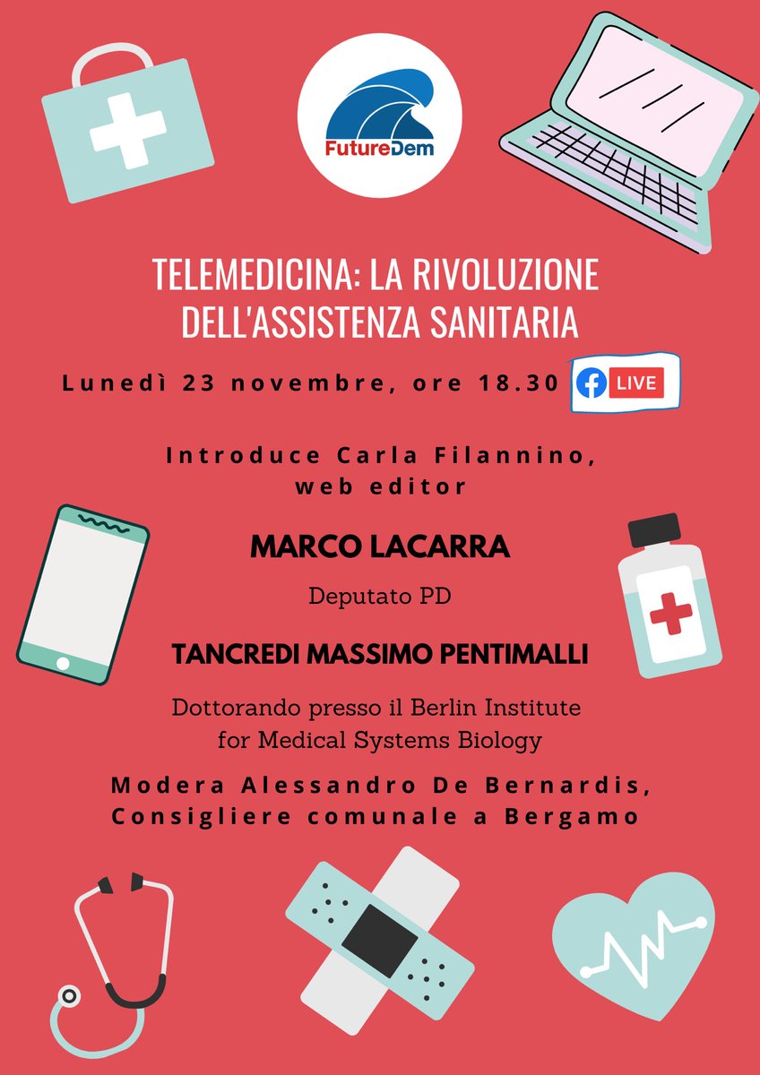 futuredem's tweet photo. Vi aspettiamo oggi alle 18.30 in diretta sulla nostra pagina Facebook per parlare di telemedicina con @marco_lacarra, @CarlaFilannino, Tancredi Massimo Pentimalli e @debernardisa https://t.co/m1kXmg3VWJ