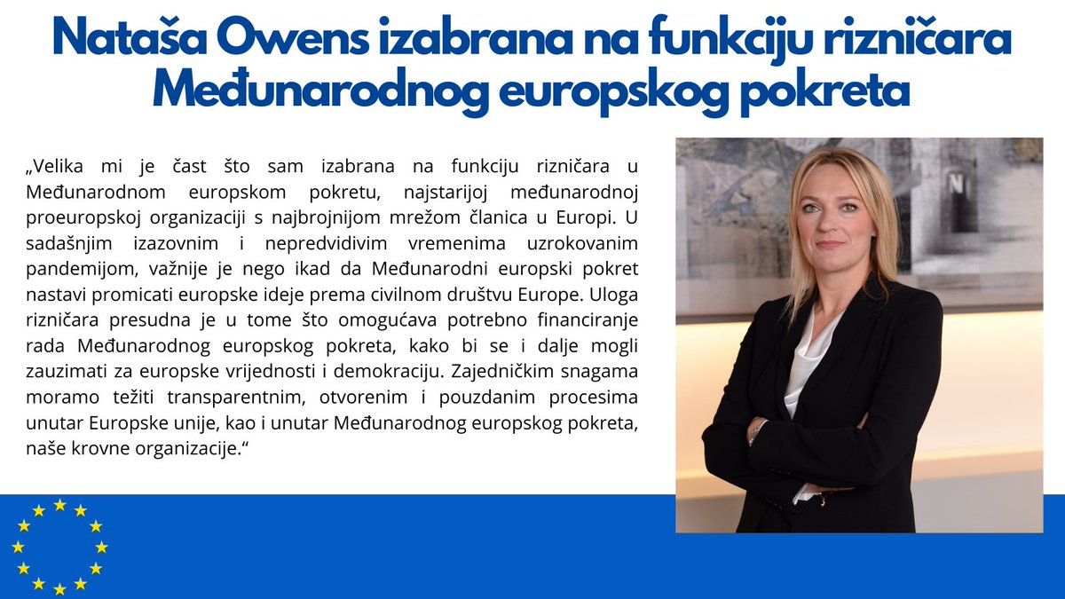 EM_Croatia's tweet photo. ⏩Nataša Owens, predsjednica Europskog pokreta Hrvatska i Europskog doma Zagreb, izabrana je za funkciju rizničara ove međunarodne organizacije koja okuplja vodeće europske organizacije civilnog društva, sindikate i europske političke stranke. 🇪🇺 @EMInternational https://t.co/1GdJxzPYbQ