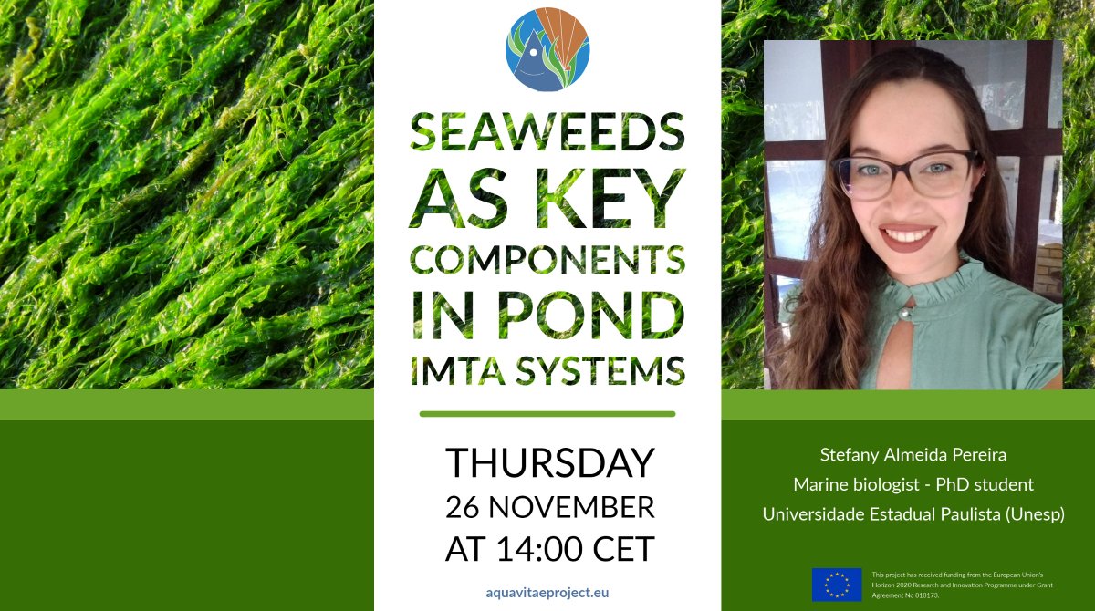 What is the role of #seaweed in pond #IMTA systems? On the 26 November <a href="/aquavitaeEU/">AquaVitae</a> starts the "Low Trophic Life" webinar series with Stefany Almeida Pereira, a marine biologist at <a href="/Unesp_Oficial/">UNESP</a>. 

Register at ➡️bit.ly/low-trophic-li…

#H2020 #AtlanticAll #aquaculture