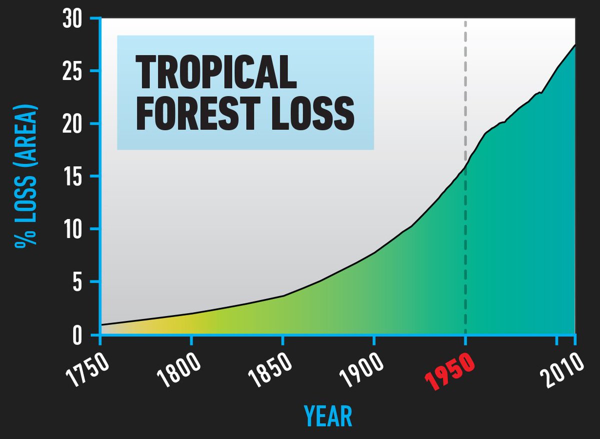 Seventh, tropical forest destruction.Nearing 30% of the world’s tropical forests have been destroyed, a doubling on 1950 levels. Tropical forests generate rain, regulate climate and are home to millions of species.8/