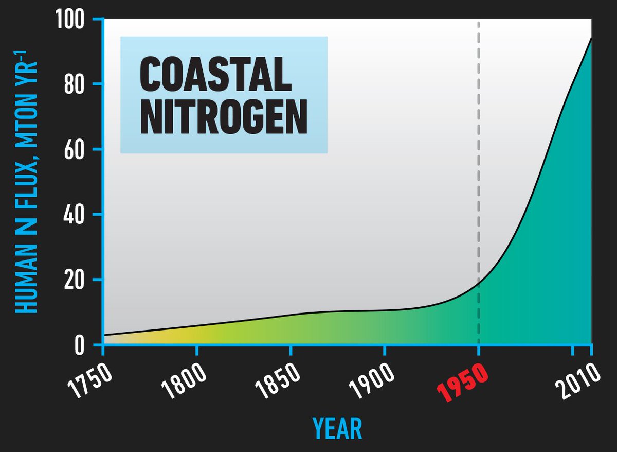 Third, coastal nitrogen.A massive increase in synthetic nitrogen fertiliser (made from fossil fuel by-products) for agriculture, particularly meat production, has caused a 400% increase in coastal nitrogen from <20 mega tonnes to ~100 MT every year, depleting ocean oxygen.4/