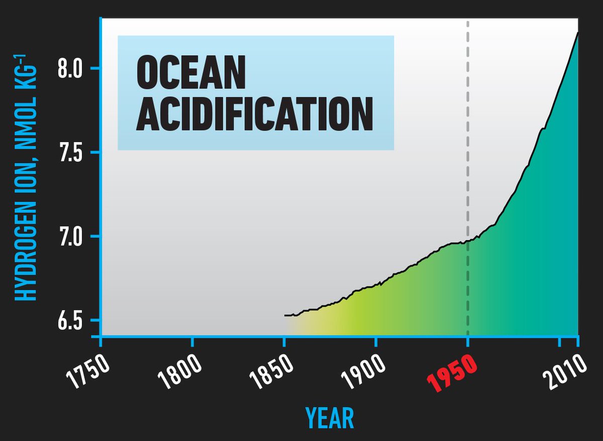 Fifth, ocean hydrogen ions.CO2 dissolving in the oceans is increasing hydrogen ions and causing acidification (in fact a lowering of pH) which is acidifying the oceans. Ocean acidification is forecast to kill almost every coral reef on the planet within 29 years. 6/