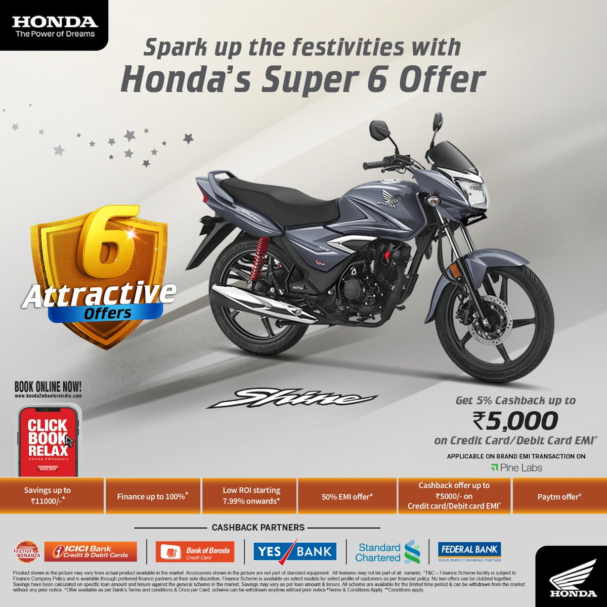 honda2wheelerin's tweet photo. Bring home a brand new Honda Shine and avail exciting offers this festive season. Know more: https://t.co/npyA8q7wwJ #AmazingShine https://t.co/s1gnxb8181