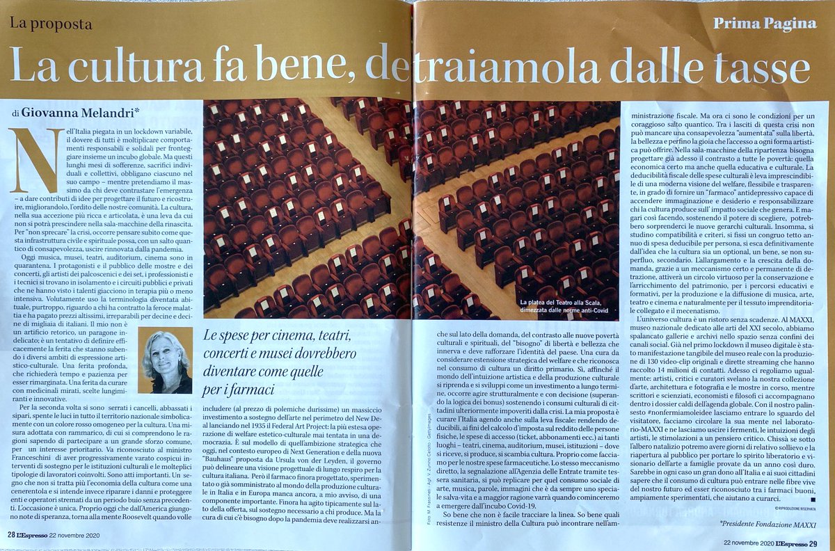 "La cultura fa bene, detraiamola dalle tasse". La #proposta di <a href="/GioMelandri/">Giovanna Melandri</a> su <a href="/espressonline/">L'Espresso</a>. L'universo cultura sarà cura per l'Italia dopo la pandemia. Rendiamo deducibili le spese di accesso ai luoghi dove si produce e condivide musica, teatro, arte, cultura. Cosa ne pensi?👇