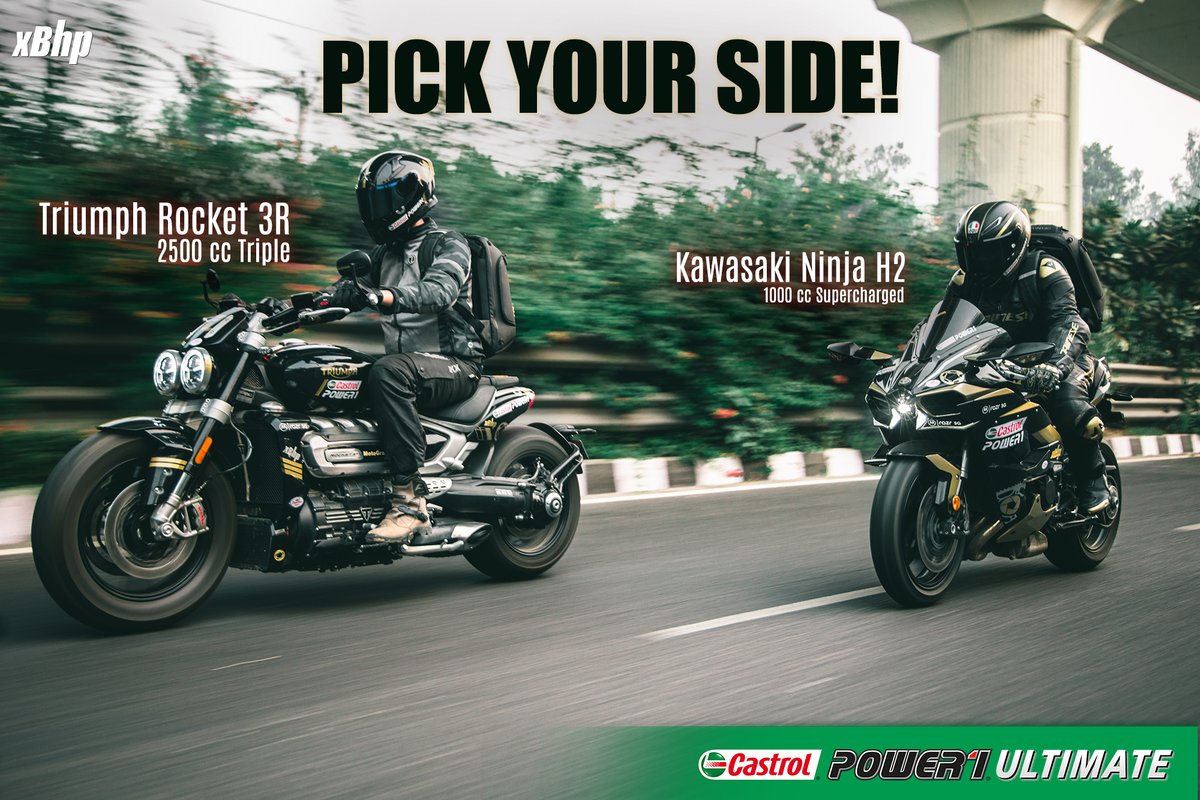 xBhp's tweet photo. Between the #xBhpUltimatePowerDuo, which one would you go for? Triumph Rocket 3R (#SoulRocket) or the Ninja H2 (#MindNinja), both running on #CastroLPOWER1ULTIMATE for the #PerformanceThatSurprises!
Follow @castrolbiking to know more about new Castrol POWER1 ULTIMATE engine oil. https://t.co/8kB0m8beub