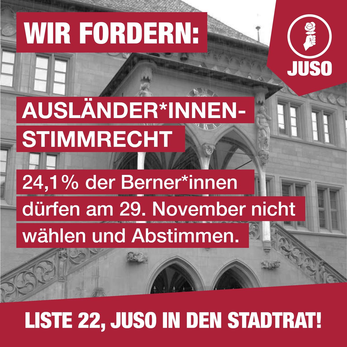 JUSOStadtBern's tweet photo. In einer Woch kann knapp ein viertel der Berner*innen nicht wählen oder abstimmen. Wir wollen das ändern! 

#wahlenbern2020 #wahlbern20 https://t.co/kcj6a5saCG