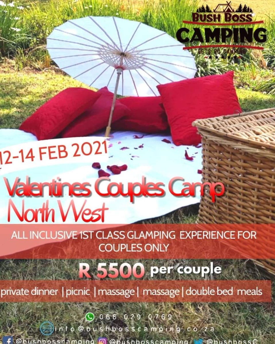 BushbossC's tweet photo. ❤Valentines Couples Camp❤ 12-14 FEB 2021 in North West.

A camp for the 👫lovers! 
Let us help you celebrate valentines day and treat you to a 1st class glamping romantic getaway weekend. https://t.co/YwbdXO4eDC