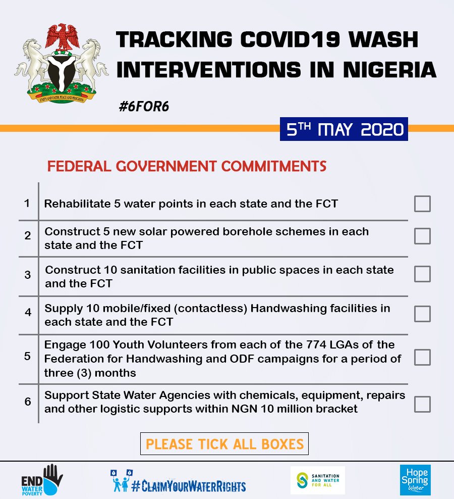 It's a new week! A good one to start the conversation around the #WASHPalliatives by the <a href="/FMWR_Nigeria/">Water Resources Nigeria</a>, <a href="/SHadamufnse/">Engr. SHAdamu</a> to state Governments. 

How many of these boxes have been checked in your state? 

Join <a href="/hopespringH2O/">Hope Spring Water</a>
and the #ClaimYourWaterRights Team to track these projects.