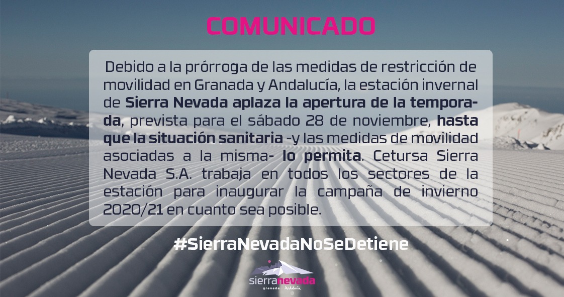 websierranevada's tweet photo. #SierraNevada aplaza la apertura de la temporada 2020-21 hasta que las condiciones lo permitan. #SierraNevadaNoSeDetiene 
#SeguroQueEsquías https://t.co/XbYbwWHDiX