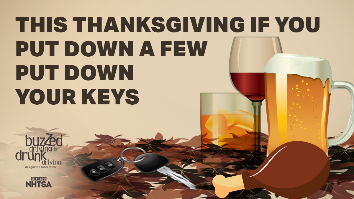 NHTSAgov's tweet photo. Things we’re thankful for: turkey, family, friends, and... arriving safely. Always celebrate safely by arranging a sober ride home. #BuzzedDriving is drunk driving. https://t.co/NyMwAya0Qd