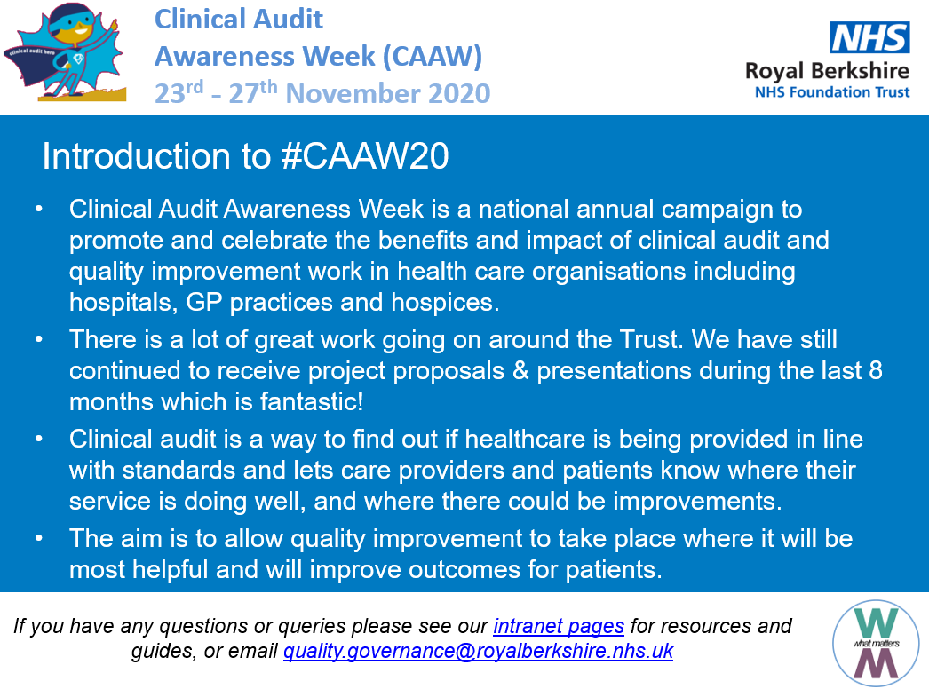 RBFTImprovement's tweet photo. Clinical Audit Awareness Week is here! 🥳 View the images below to find out more about #CAAW20 at RBFT and the benefits of clinical audit (2nd resource from @cascleicester) https://t.co/AeRPNlGHHh