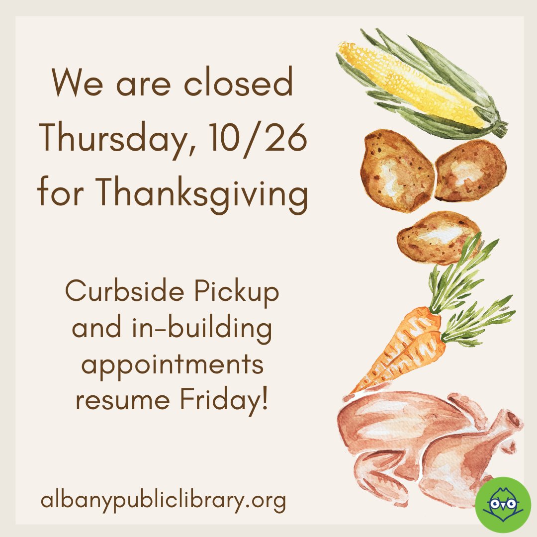 AlbanyNYLibrary's tweet photo. We'll be closed this Thursday, and back at it on Friday. https://t.co/OlGzDeYBRQ