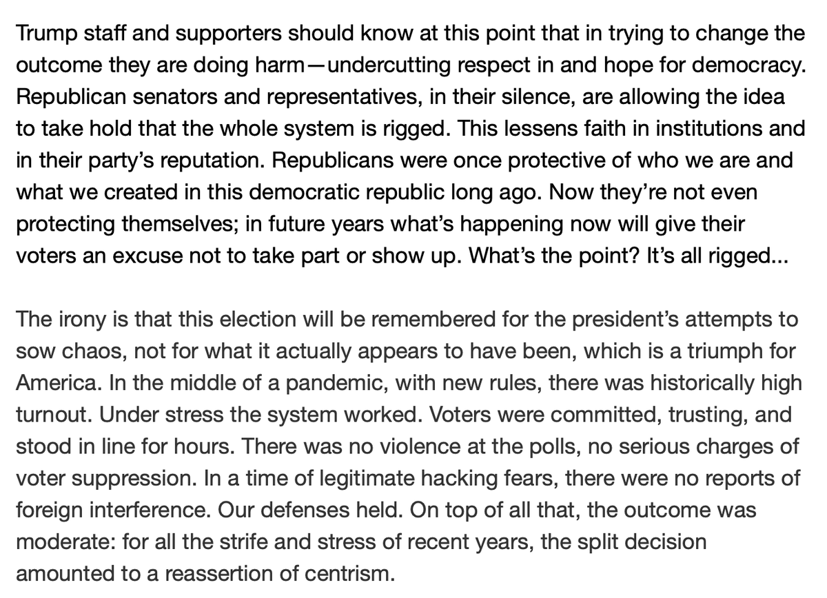 JonHaidt's tweet photo. When we remember events, the emotional peak and the way it ended are especially important. Trump has chosen a pathetic ending, one that will do lasting damage to our democracy, and to the Republican party. @Peggynoonannyc puts it well: 

https://t.co/F1mcAmB67M https://t.co/oOVFGzxvOO