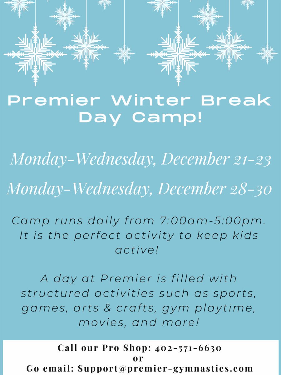 PremierGym's tweet photo. Do you need a day for just YOU to get last minute holiday gifts or just a day for yourself to relax? ? Our Winter Break Day Camp is the perfect answer for your kids (and time for you)! You can choose one, two or all of the days!?Only 20 spots available! https://t.co/tgzX2chBVg https://t.co/7GX6qV1M3h