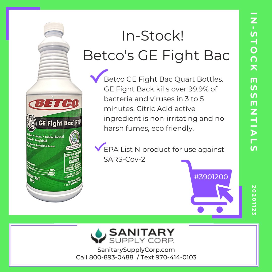 sscinc's tweet photo. Contest! The first person to correctly guess what "GE" Stands for in Betco's GE Fight Back RTU disinfectant wins a FREE bottle!  Great product for the holiday weekend - Order online https://t.co/m6wP0CMooC or stop by and see us at 787 22 Rd, Grand Junction Mon - Fri 8am to 5pm! https://t.co/KwZXTGKckg