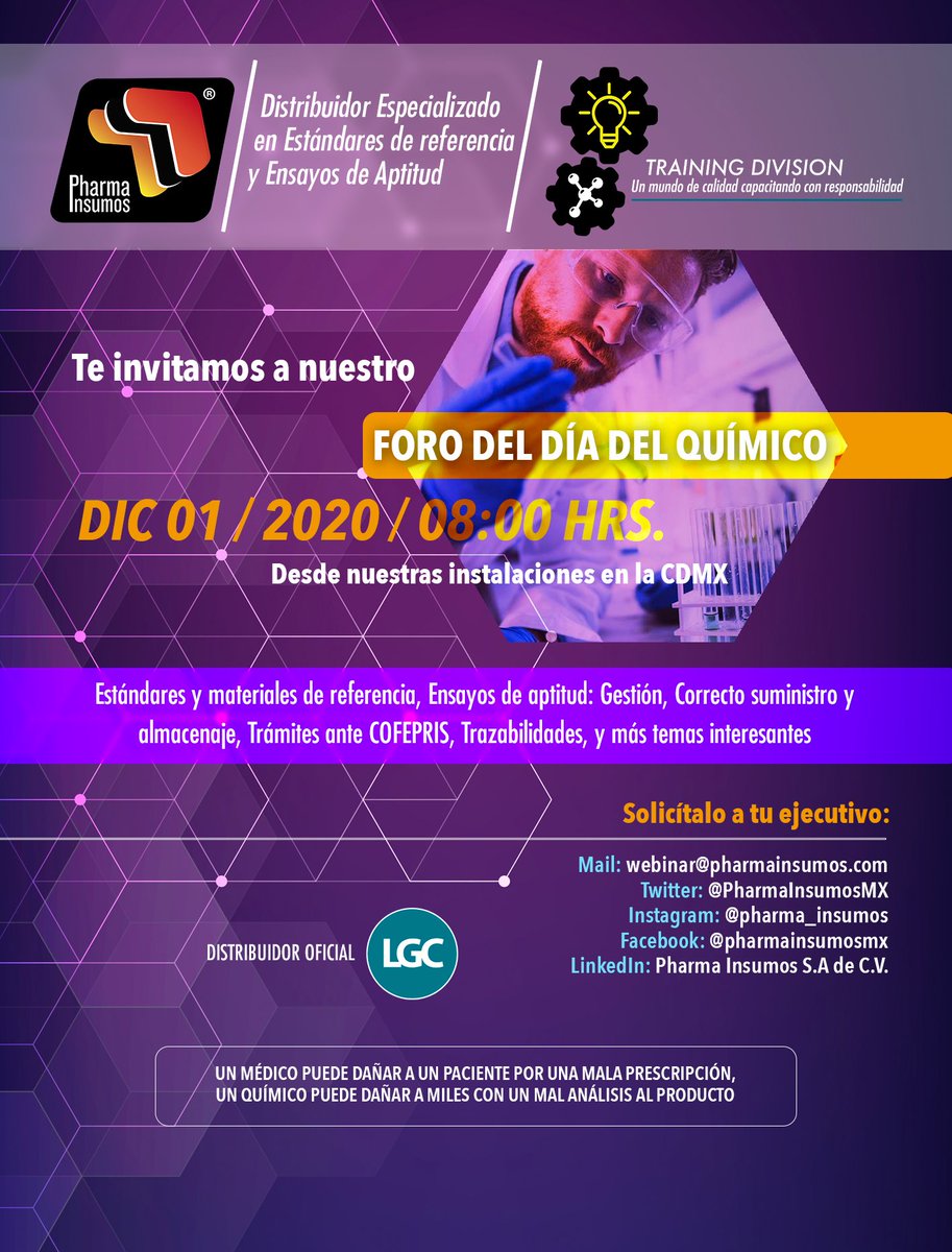 PharmaInsumosMX's tweet photo. Te invitamos este próximo 01 de diciembre a formar parte de nuestro foro para celebrar el #DíaDelQuímico 🎉🧪

Contacta a tu ejecutivo para más información!

Pharma Insumos, 15 Años Fortaleciendo la Calidad en México | #YoSoyPharmaInsumos #ensayosdeaptitud #estandaresdereferencia https://t.co/AieDG1mS5Y