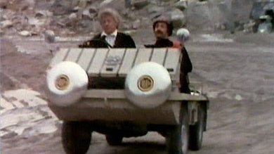Colony In Space. Pertwee driving because he wants to and not because it makes any sense in the plot.