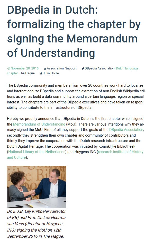 dbpedia's tweet photo. #ThrowbackThursday Wow 4 years the #DutchDBpedia chapter was formalised by signing the #MoU. w/ @KB_Nederland @benglabs @VUamsterdam @HuygensING @imec_int @ennomeijers @johanoomen
Wanna know how to start a #DBpediaChapter? Check all details here: https://t.co/RTGMODo7Bx https://t.co/jkBGvVEfXL