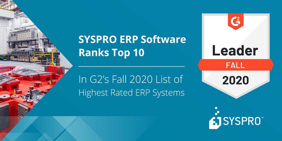 SYSPRO's tweet photo. We’ve been recognized as one of the top ten ERP Software solutions within the @G2dotcom list of Leaders of ERP Suites Software, outranking several well-known industry leaders when it comes to ease of use: https://t.co/QeJJgoYTqC

#ThinkForward #ForMoversAndMakers https://t.co/L4rY3soSAM
