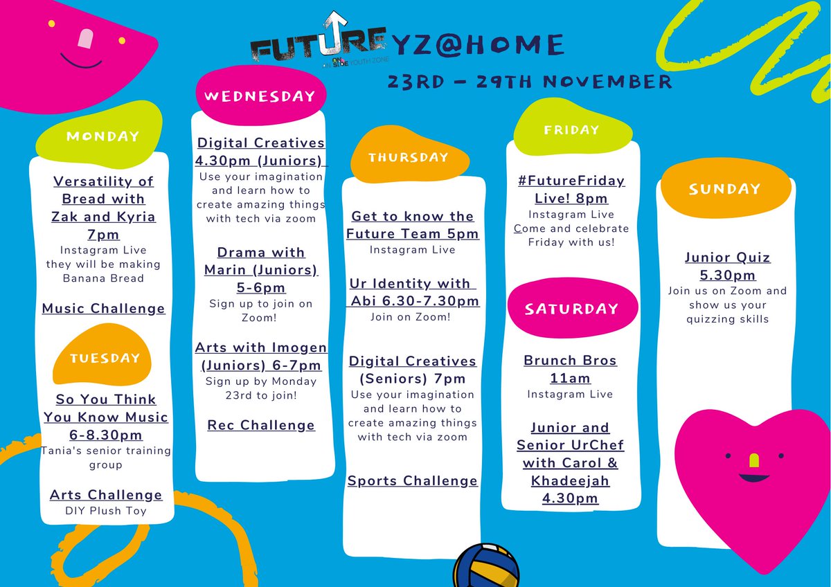 futureyz's tweet photo. Check out this weeks #FutureFunAtHome schedule. We will be delivering sessions via Zoom and on our Instagram Live so let us know how you want to get involved π DM or email enquiries@futureyouthzone.org https://t.co/zQkDU9t5Qw