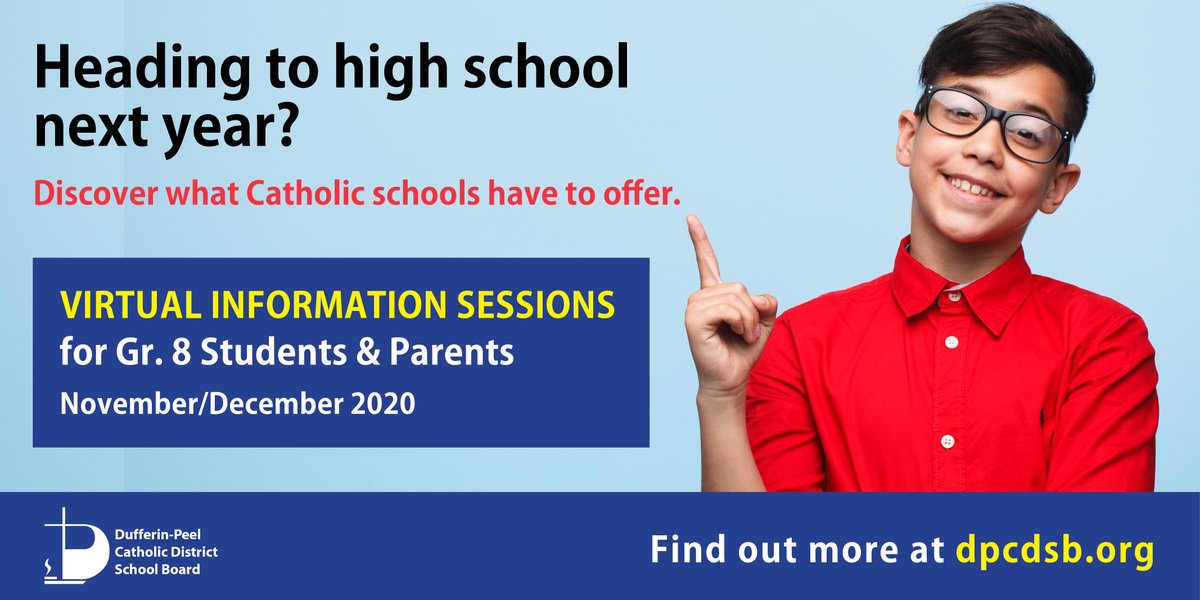 Virtual Secondary Information Sessions  for Grade 8 students/families this week:

➡Robert F. Hall
➡St. Michael
➡Cardinal Ambrozic
➡St. Augustine
➡Ascension of Our Lord

Regional Arts
➡St. Thomas Aquinas
➡Iona Catholic

Regional Sports
➡St. Martin

ow.ly/WxFu50Cs9Hi