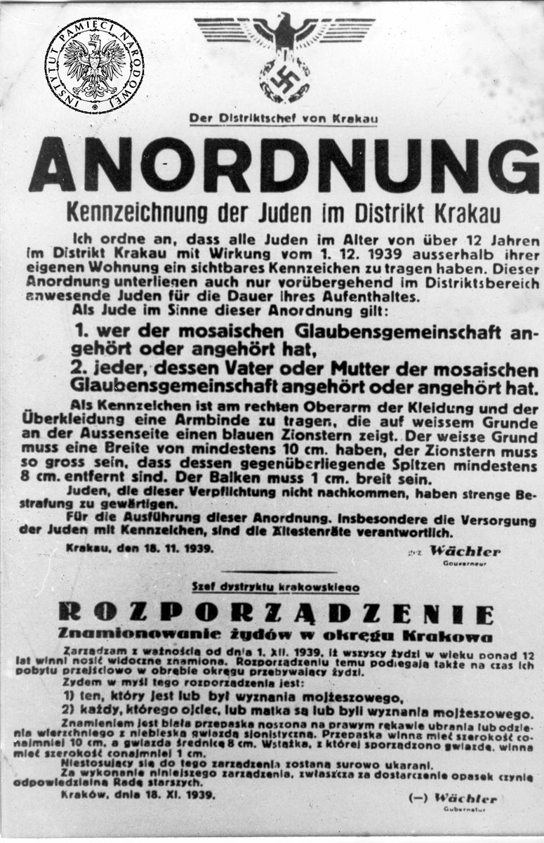 ipngovpl_eng's tweet photo. It took the Germans only a month after the establishment of #GeneralGovernment to introduce the visible symbols of #JewishDiscrimination.
#OTD in 1939 #HansFrank decreed that all the #Jews over the age of 10 in General Government wear a compulsory armband with the #StarOfDavid. https://t.co/cpSsf1CCSN
