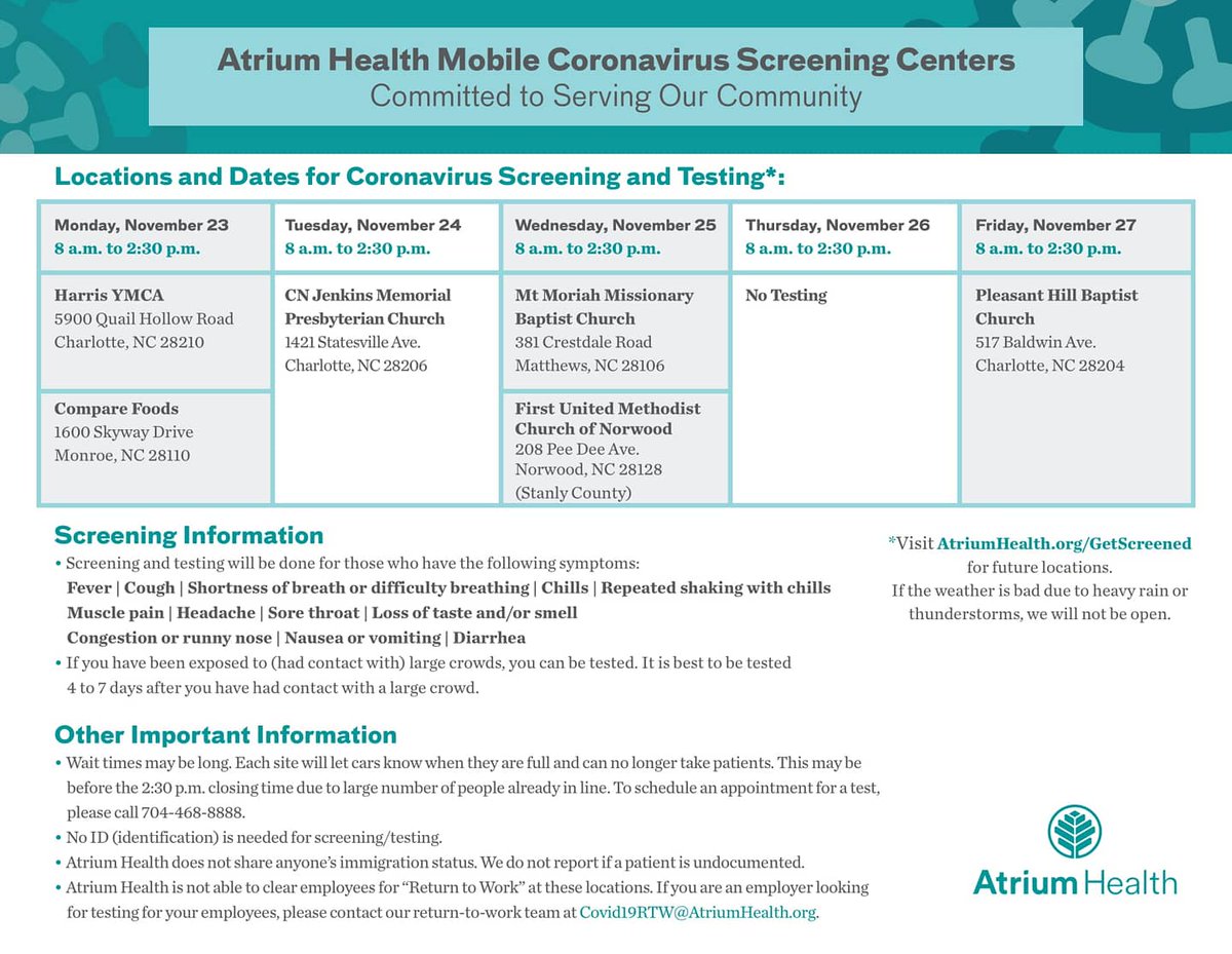 hipolitix's tweet photo. As our COVID-19 #'s continue to rise, testing is more important than ever! Please see attached FREE testing locations for Atrium. Add'l daily testing sites include Bojangles Coliseum 10am - 5pm & NW Health Dept. 2845 Beatties Ford Rd 10am - 5pm! #mark4thepeople #maskupmeck https://t.co/JLnXpMj5n3