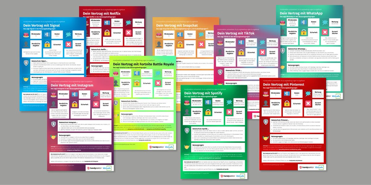 klicksafe's tweet photo. Zusammen mit @Handysektor stellen wir die wichtigsten Inhalte der Nutzungsbedingungen populärer Apps leicht verständlich vor. Zum Bestellen und zum Download: https://t.co/eQMWllyzK7 #WhatsApp #Signal #TikTok #Instagram #Fortnite #Netflix #snapchat #Spotify #Pinterest https://t.co/9P2nTI4lcx