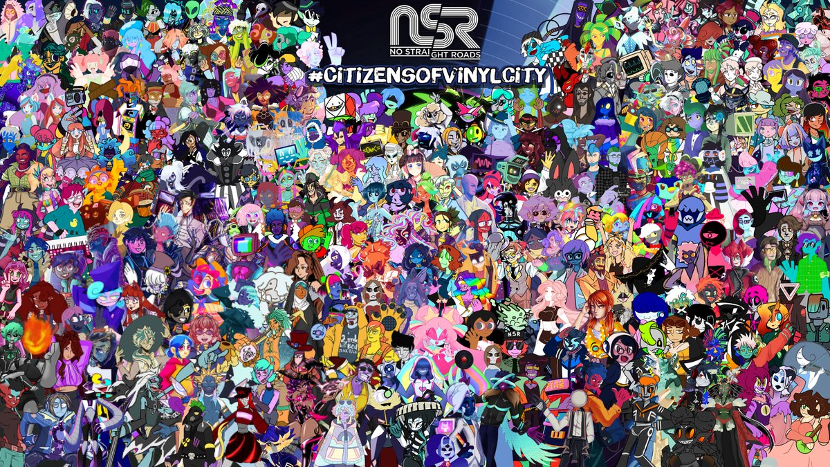 NoStraightRoads's tweet photo. WOW! Zuke’s VA @stevenbonesSBE organised this incredible mural of fan-made original characters to celebrate the world of #NoStraightRoads!

Thanks so much to Steven, his Discord mods and everyone who submitted their OCs. Our community is AMAZING! 😍 #CitizensOfVinylCity https://t.co/EgxePHe033