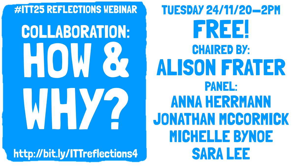 MusicinPrisons's tweet photo. The final #ITT25 #ReflectionsWebinars is TOMORROW at 2pm on Collaboration: How &amp; Why 

Chaired by @alison_frater Panel: @annaherrm, Jonathan McCormick, @bynoe_m &amp; ITT Artistic Director Sara 

Sign up (FREE!) here: https://t.co/rv4s0F0DNu https://t.co/gFLgGBO20O