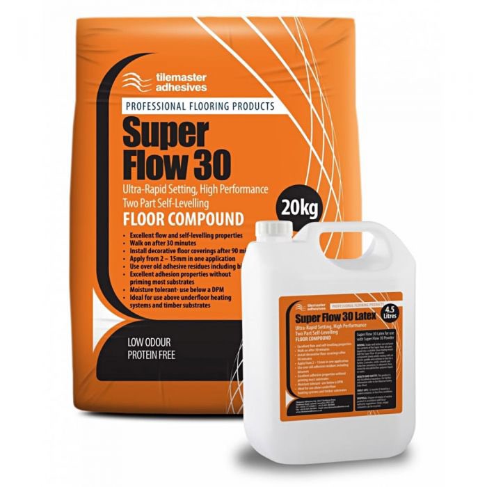 🔸SUPERFLOW30🔸
🔸Rapid drying
🔸Walk on after 30 minutes
🔸Floor coverings after 90 mins
🔸2-15mm in one application 
🔸Over adhesive residues
🔸Ideal over underfloor heating
🔸Moisture tolerant
🔸Ideal over timber substrates 

<a href="/tilemasteradhes/">Tilemaster Adhesives</a>