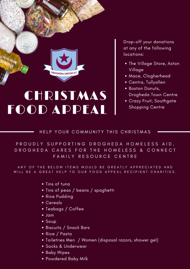DroghedaUnited's tweet photo. 1⃣ week left to donate 👇

The Drogheda United Christmas Food Appeal continues this week, running until next Monday, 30 November.

Proudly supporting @DrogHomelessAid, Drogheda Cares For The Homeless and Connect Family Resource Centre.

#DUFCFoodAppeal https://t.co/uzTh34tm7g