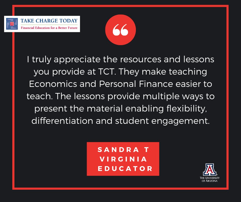 UA_TCToday's tweet photo. We're super happy that Ts like Sandra T of Virginia say Take Charge Today's free personal #financialeducation #curriculum checks off so many boxes for their #teaching practice. #FinLit #FinEdu #FinEduc #FinancialLiteracy #mondaythoughts #engagedlearning https://t.co/Ht8MU9CMjz