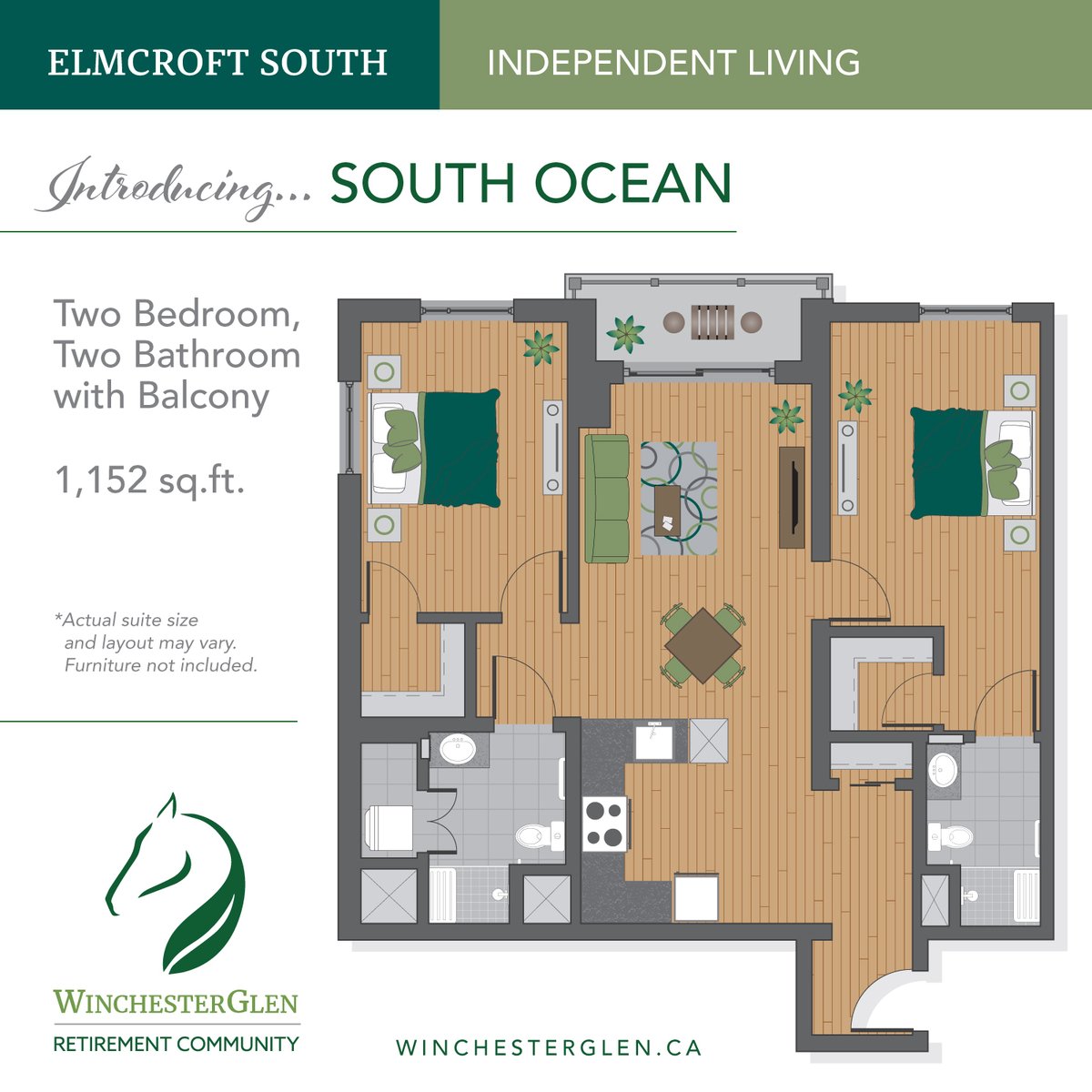 Introducing... “South Ocean”! one of the largest suites with a spacious 1152 sq.ft. corner unit (2 beds, 2 baths, full kitchen, in-suite laundry, and walkout balcony.  For more info contact us at 905-410-2501.

#winchesterglenrc #independentliving #seniors #seniorliving