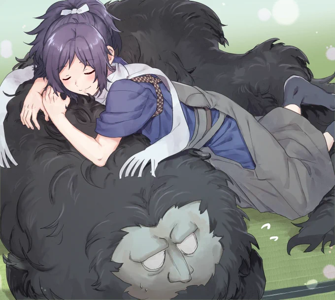 【イラスト】
清光「獅子王が鵺探してたんだけど安定見てない?
…って なにやってんだ～」

お題箱リクエストより
獅子王の鵺を抱き枕にして眠る安定くん(もふもふ感全開で)です 