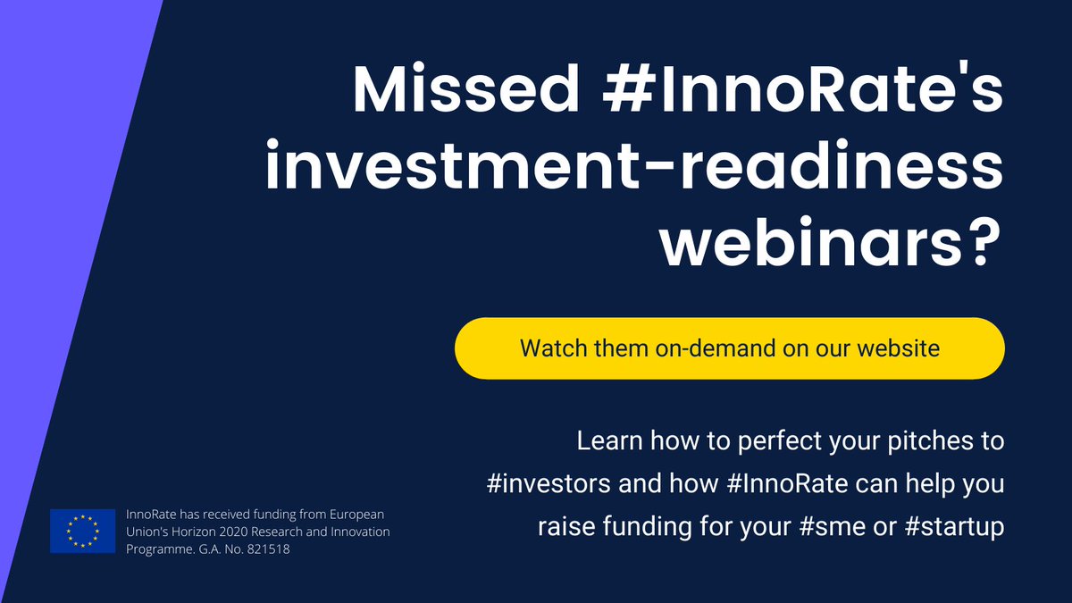 innorateproject's tweet photo. Missed our latest event with @EBAN_org or any of our former #investment-readiness webinars? Watch them on demand to perfect your pitches and learn how #InnoRate can connect you with investors👉 https://t.co/ZoYa8SEZQm https://t.co/air7amBmLX