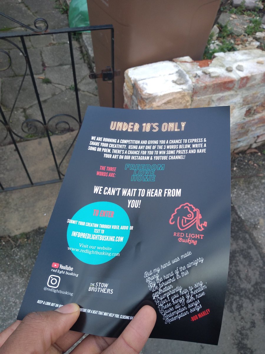 BuskingRed's tweet image. Are you a songwriter? And under 18?

We're running a competition to give you a chance to express your creativity.
Using any of these three words FREEDOM, LOVE, HOME, we would like you to write a song or poem that shows what these words mean to you.

Info@redlightbusking.com