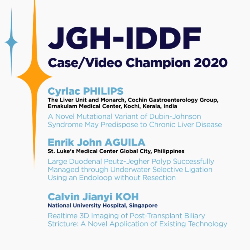 IDDF_CUHK's tweet photo. Here comes the result of JGH-IDDF Case/Video Champion 2020. The winners are:
🏅 Cyriac Philips (India)
🏅 Enrik John Aguila (Philippines)
🏅 Calvin Jianyi Koh (Singapore)
Congratulations!! And thank you, we look forward to your participation next year!
#IDDF2020 @JGH_latest