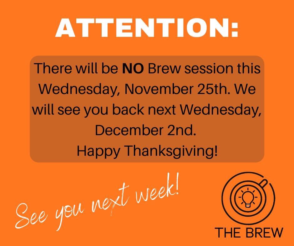 COAEconDev's tweet photo. No Brew session this week. See you on Dec. 2nd. Happy Thanksgiving! #SeeShockCity #TheBrew https://t.co/ItxXxIIvKS