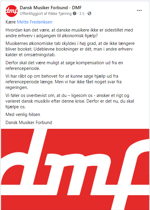 Thomas Sandberg (@forpersondmf) on Twitter photo Dansk Musiker Forbund mangler svar fra regeringen.
Mange musikere sidder lige nu med gabende tomme ordrebøger. Derfor skal de kunne søge kompensation på baggrund af, hvad de tjente på samme tid sidste år. <a href="/regeringDK/">Regeringen</a> <a href="/Statsmin/">Statsministeriet</a> #dkpol #dkkultur Dansk Musiker Forbund mangler svar fra regeringen.
Mange musikere sidder lige nu med gabende tomme ordrebøger. Derfor skal de kunne søge kompensation på baggrund af, hvad de tjente på samme tid sidste år. <a href="/regeringDK/">Regeringen</a> <a href="/Statsmin/">Statsministeriet</a> #dkpol #dkkultur